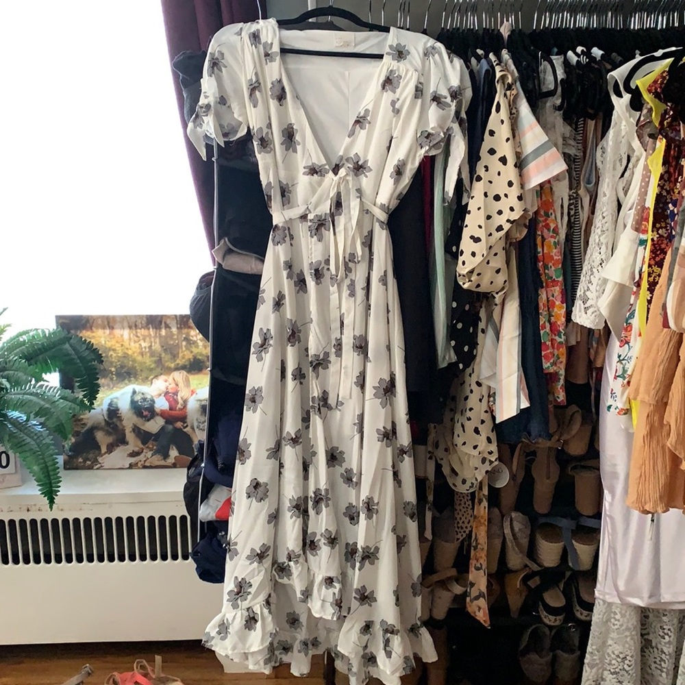 White floral wrap dress